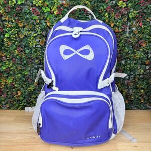 Nfinity Classic Cheer Backpack Purple White Rhinestone Logo Athletic Bag